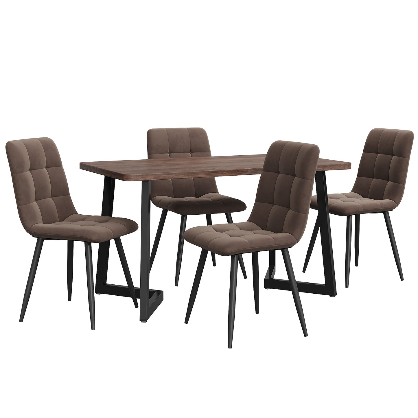 5-piece Dining Set With Table And 4 Chairs, Modern Kitchen Table Set, Wood Grain Kitchen Table With Black Metal Legs, MDF Tabletop In Walnut Color, Brown Velvet Dining Chairs