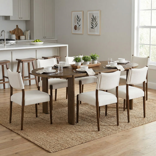 7 Pieces Modern Oval Dining Set, Rustic Farmhouse Solid Wood  Kitchen Table Set For 6, 71'' Large Luxury Retro Country Dinner Set With Espresso Chairs, For Dining Room,Kitchen, Walnut