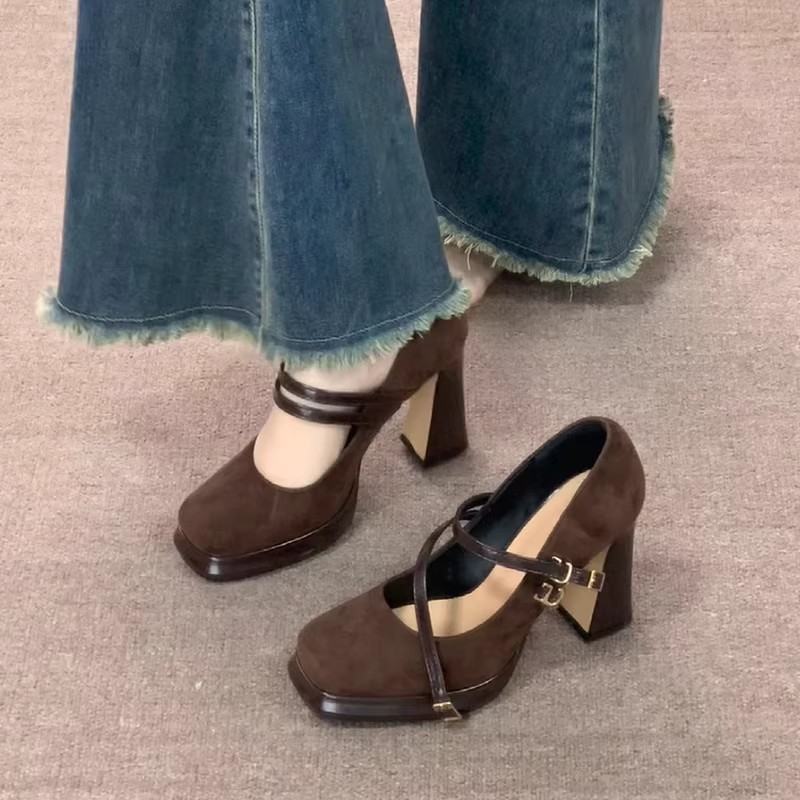 Women Vintage British Matte Suede Platform, Square Toe Double Gold Metal Buckle Ankle Strap Chunky Trapezoid Block High Heel Office Dress Shoes
