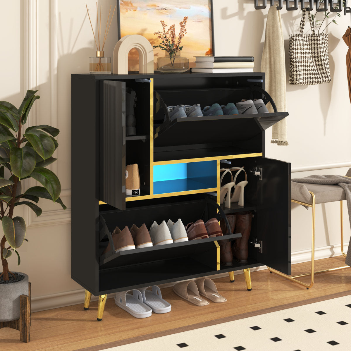 Modern Shoe Cabinet, Black Shoe Cabinet With High-gloss Front And 16-color LED Light  80 X 25 X 96 Cm