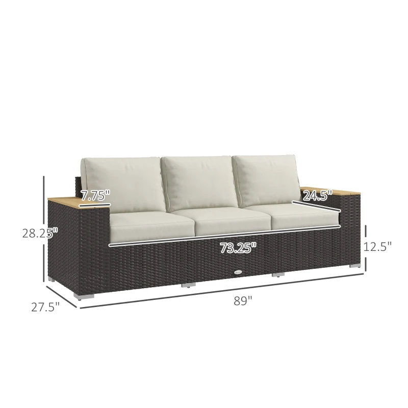3-Seat Outdoor Patio Sofa, PE Wicker Outdoor Couch With Extra Wide Deep Seat, Wide Armrests 4 Cushions, Beige