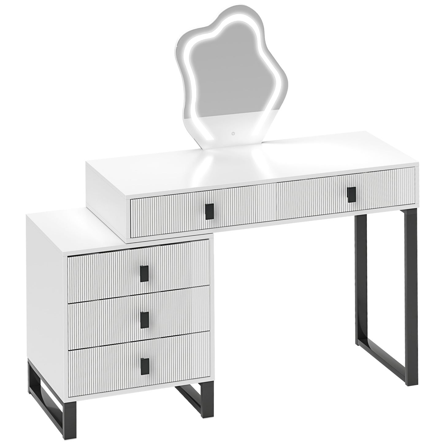 Dressing Table, Vanity Desk With Leaf Shape Mirror, Makeup Table With 5 Drawers, 3-Colour LED Lights, 100x40cm Tabletop, White
