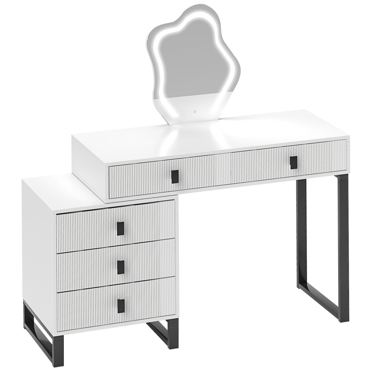 Dressing Table, Vanity Desk With Leaf Shape Mirror, Makeup Table With 5 Drawers, 3-Colour LED Lights, 100x40cm Tabletop, White