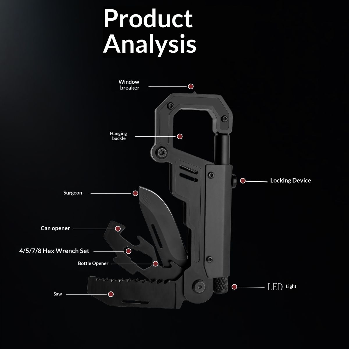 Multi-functional Carabiner Knife Outdoor Portable Multi-tool With LED Light For Survival