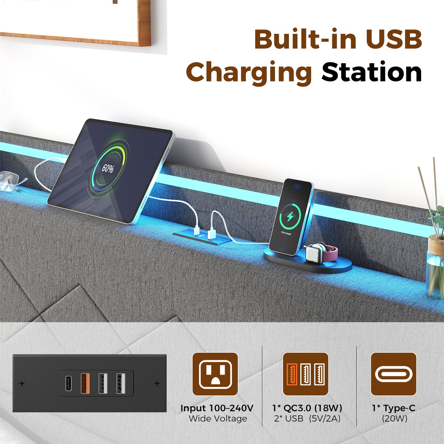 A Double Bed Frame With Adjustable Headboard, Equipped With 3 USB Charging Ports, LED Light Strips And Bluetooth Controller