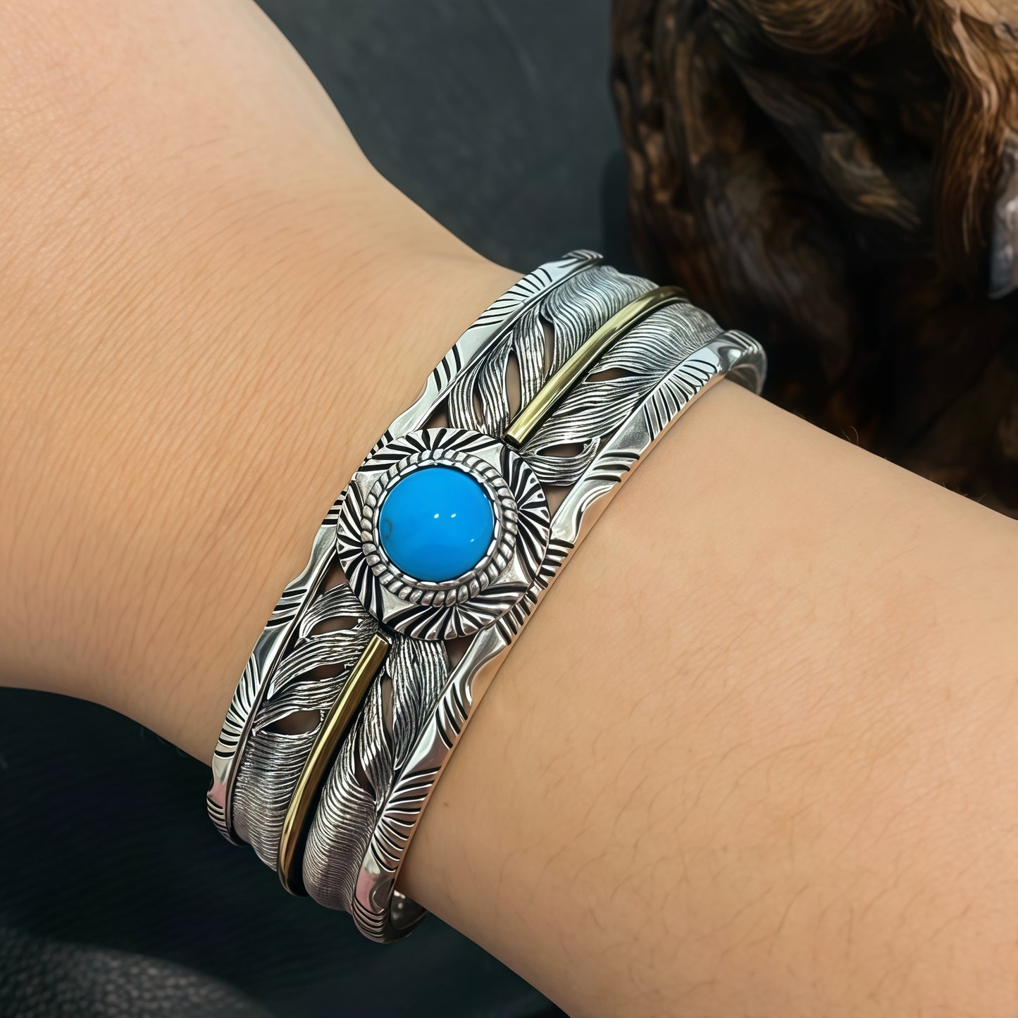 Vintage Native Feather Turquoise Open Cuff Bangle For Men Women, Copper Plated Silver Two-Tone Oxidized Western Tribal Adjustable Wrist Jewelry Gift