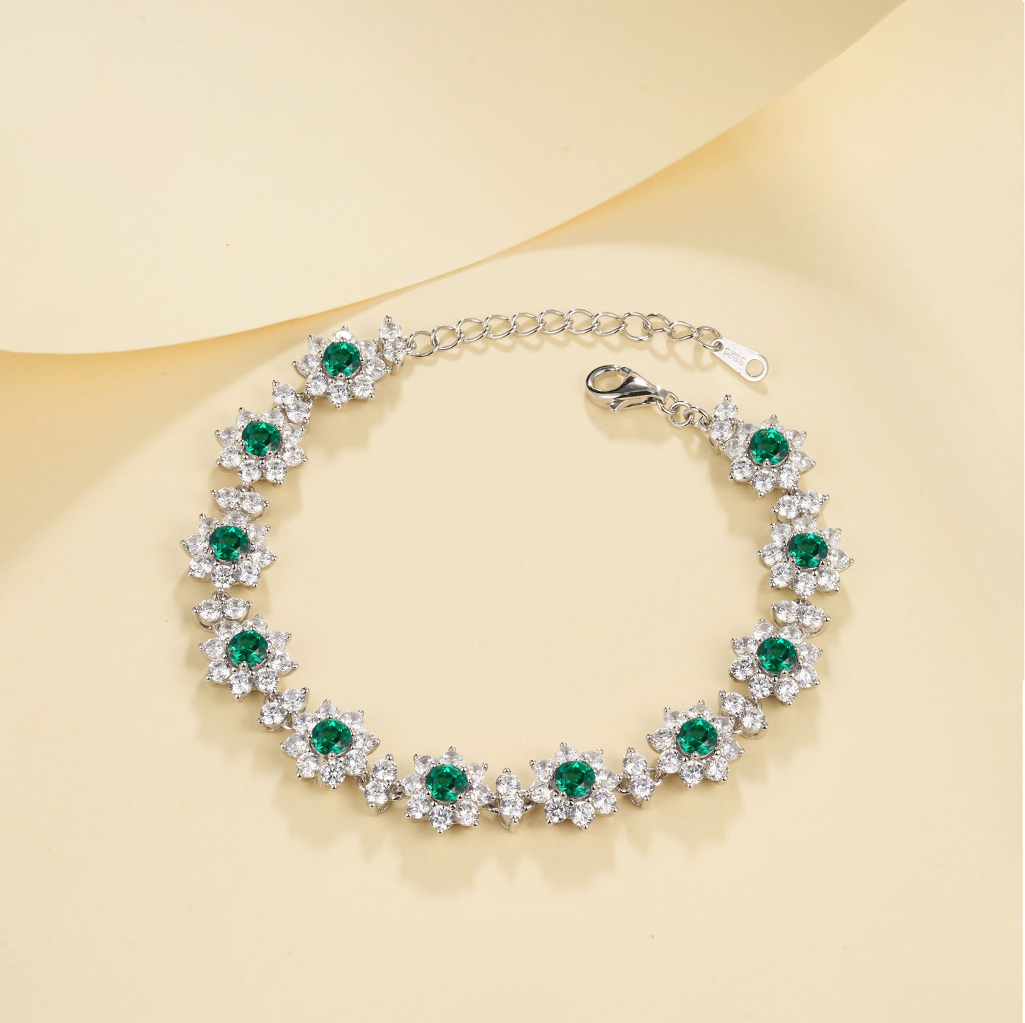 S925 Sterling Silver 4mm Lab-Grown Emerald Ruby Sapphire Bracelet 16cm Vintage Cluster Platinum Plated Gift Box