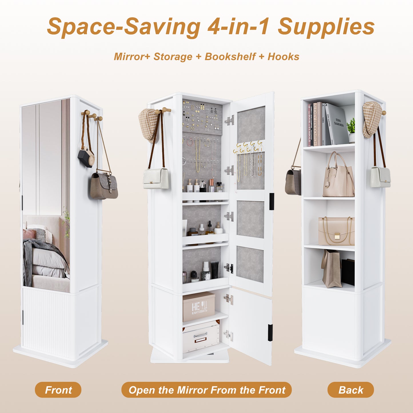 360  Rotating Makeup Cabinet  Jewelry Cabinet With A Full-length Mirror  Standing Storage Cabinet With A Coat Rack  4 Layers Of Open Shelves And 2 Layers Of Built-in Shelves  White