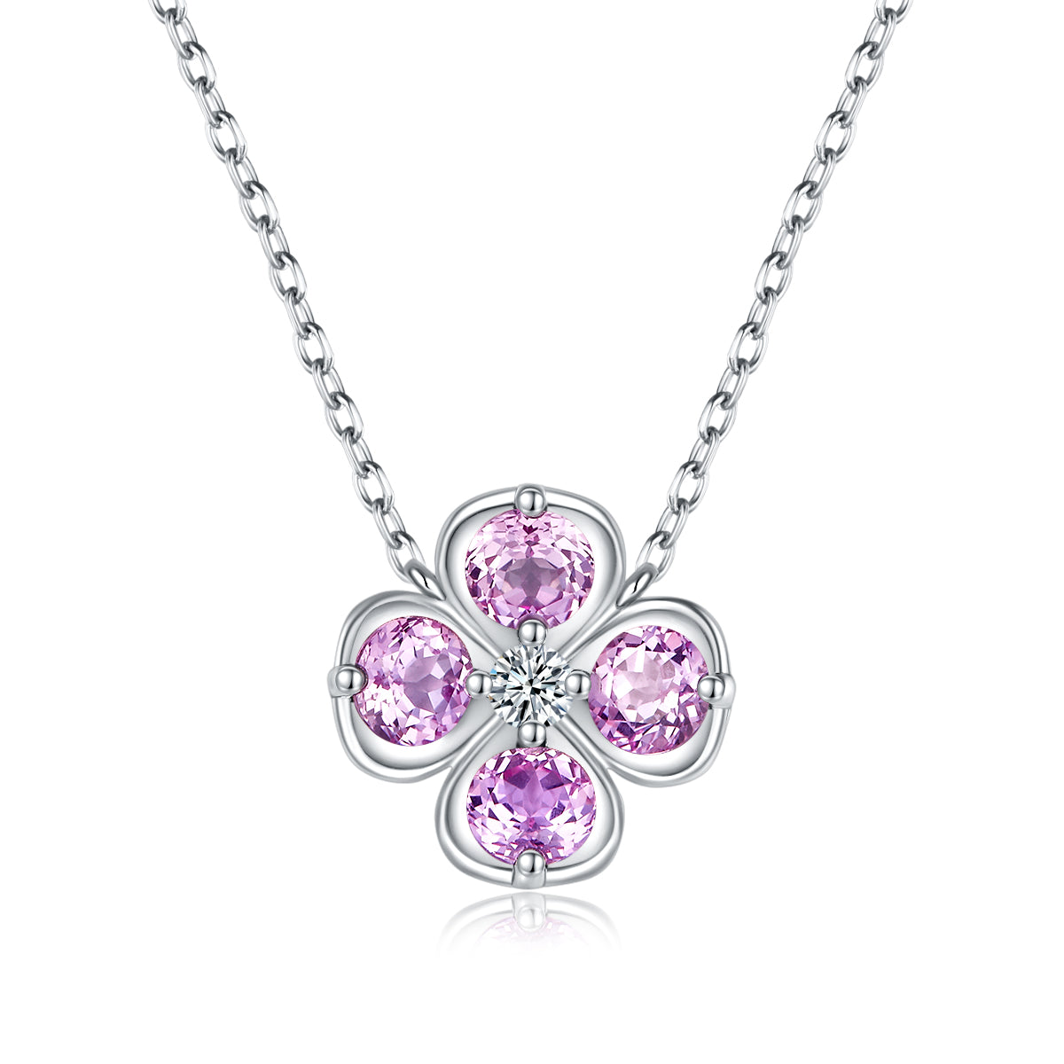 S925 Sterling Silver Clover Necklace, 2.6ct Lab-Grown Ruby Sapphire Emerald Padparadscha, Platinum Plated 45cm, 4.3g Gift Box