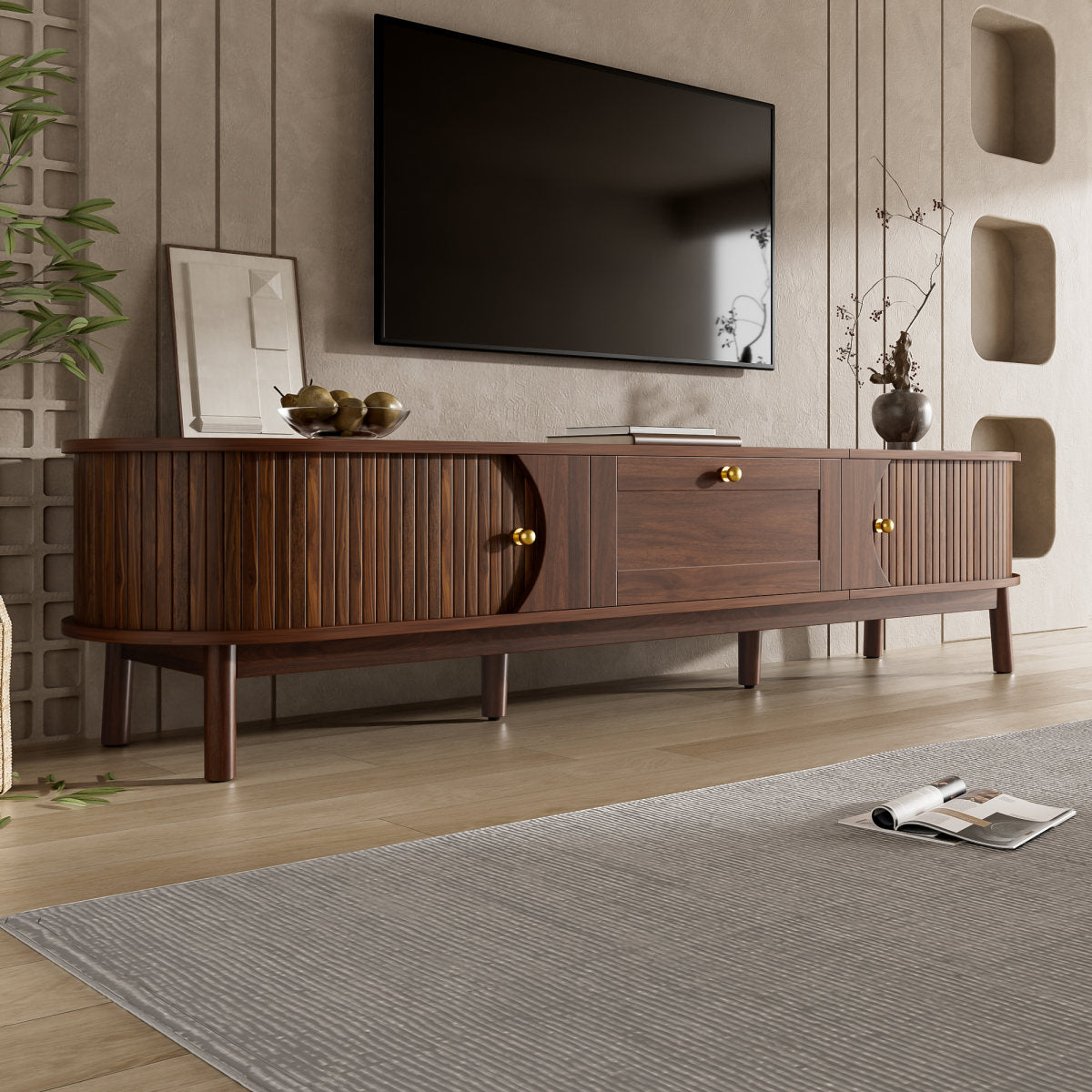 Modern TV Stand Made Of Solid Wood With Drawers, Classic Rounded Edges, Robust Wooden Legs, TV Stand With Storage Space For The Living Room.