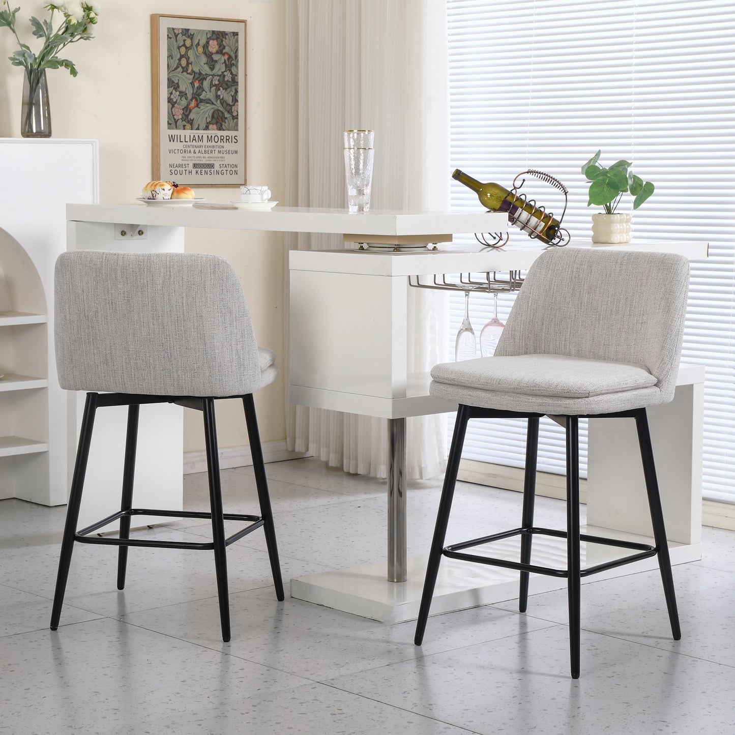 Counter Height Swivel Bar Stools Set Of 2, 360 Swivel Upholstered Barstools With Back And Metal Legs, 25.6 Seat Height,Counter Stools For Kitchen Island And Pub,Linen Cloth,Off White Linen.