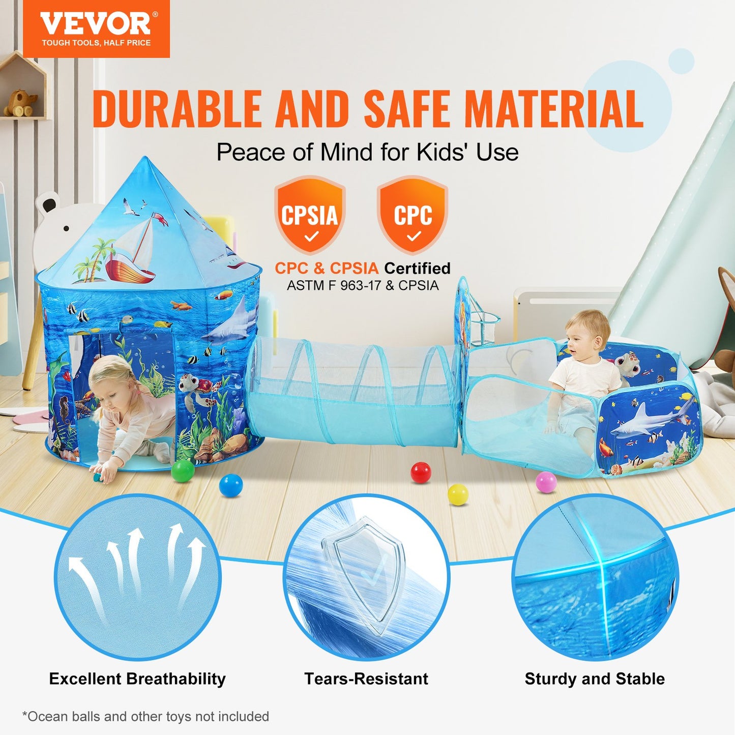 3 In 1 Kids Play Tent With Tunnel, Basketball Hoop For Boys, Girls, Babies And Toddlers, Indoor/Outdoor Pop Up Playhouse With Carrying Bag & Banding Straps Birthday Gifts, Blue Ocean