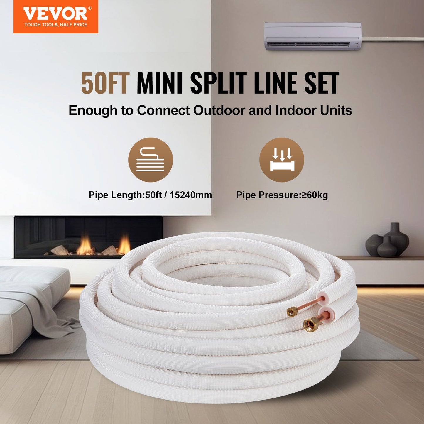50FT Mini Split Line Set, 1/4" & 1/2" O.D Copper Pipes Tubing And Triple-Layer Insulation, For Mini Split Air Conditioning Refrigerant Or Heating Pump Equipment & HVAC With Wrapping Strips.