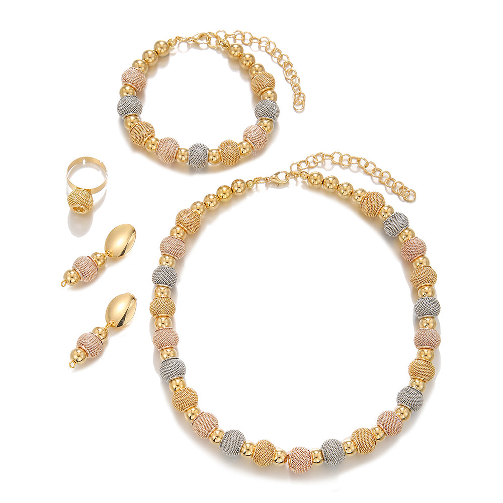 5Pcs Fashionable Metallic Beaded Necklaces Two Color Gold Bead Earrings Bracelets Suitable For Daily Wear Holiday Jewelry Gifts