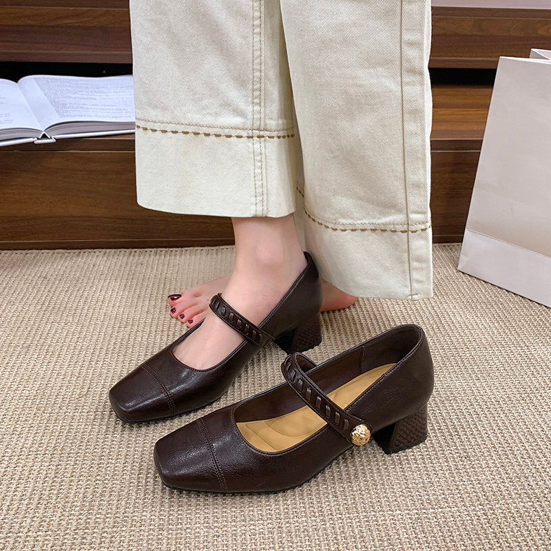 Women's Block Heel Square Toe Mary Janes, 2026 Autumn New French Retro Strap Pumps, Mid Heel Low Cut Shoes