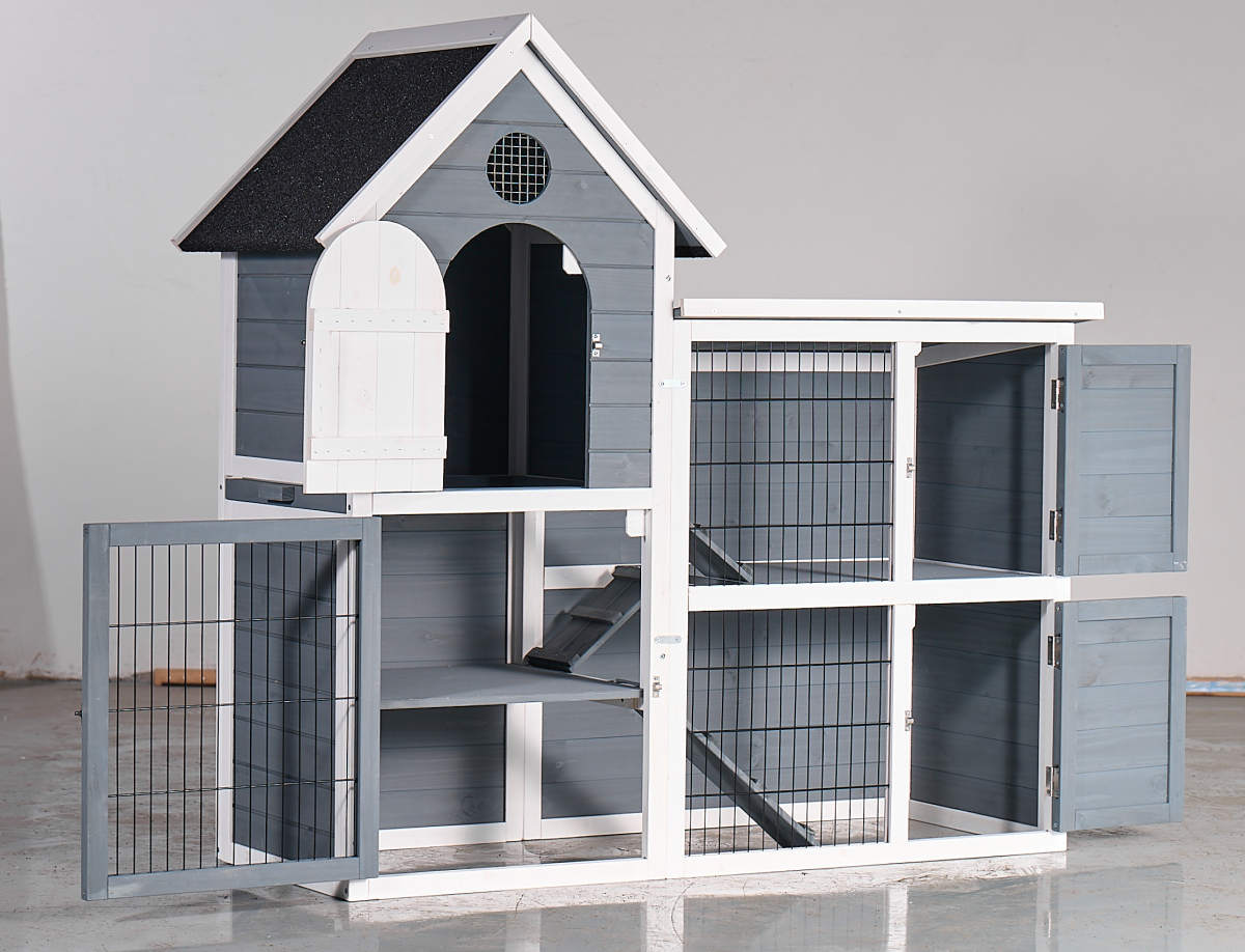 Large Outdoor Chicken Coop Cage, Weatherproof 2-Story Chicken Coop & Rabbit Hutch, Wooden Indoor Outdoor Pet House With No-Leak Tray, Waterproof Roof  Pull-Out Tray 50.98L X 48.23 H, Grey, Blue