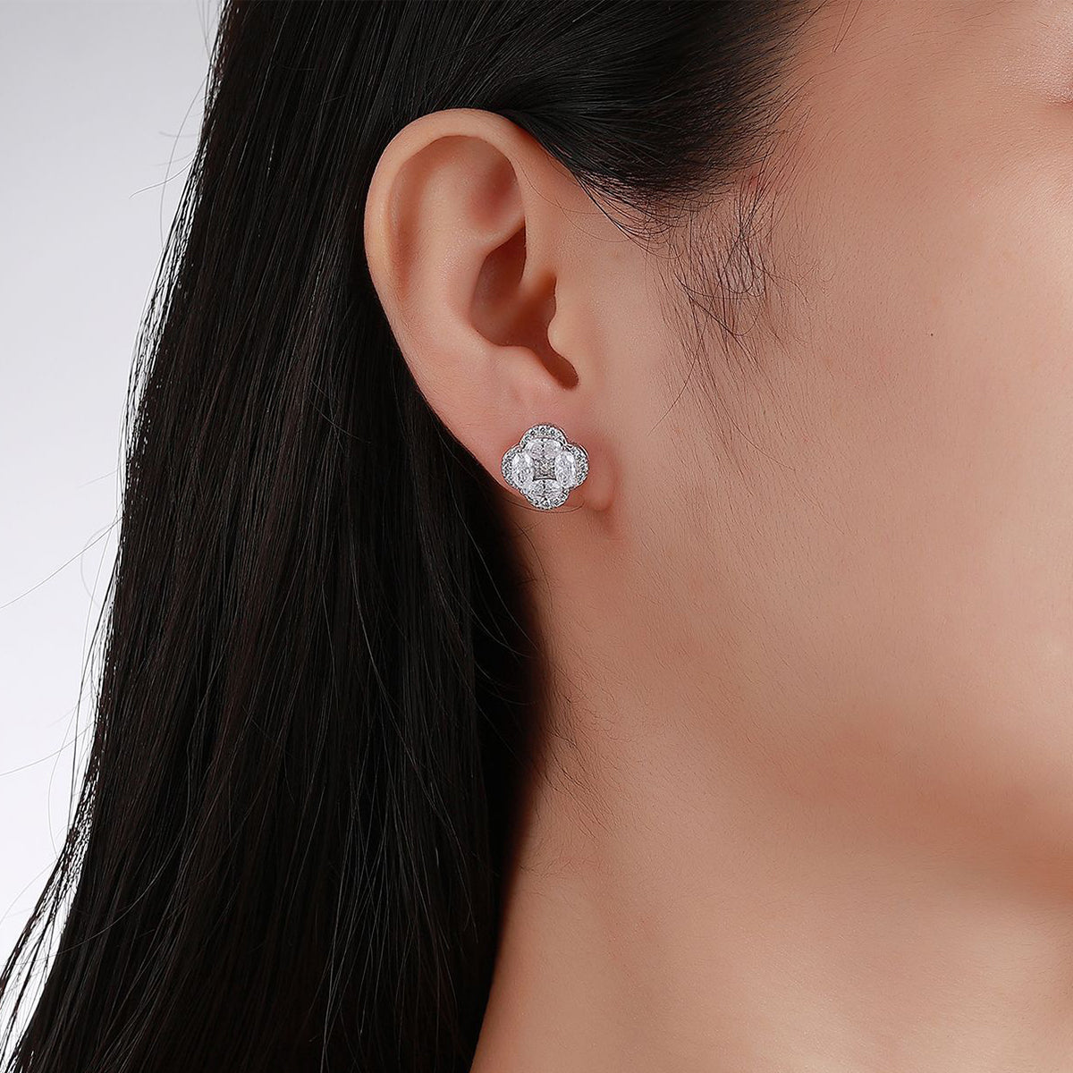 S925 Sterling Silver Four-Leaf Clover Stud Earrings, D-VVS1 Marquise Moissanite Cluster Halo, Platinum Plated 3.6g Women's Jewelry Gift Box