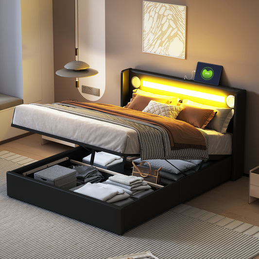 Upholstered Bed 140x200 Bed With LED Light Strip, Bluetooth Player And USB Charging, Storage Bed Made Of PU Leather, Loft Bed Box, Double Bed With Slatted Base Black