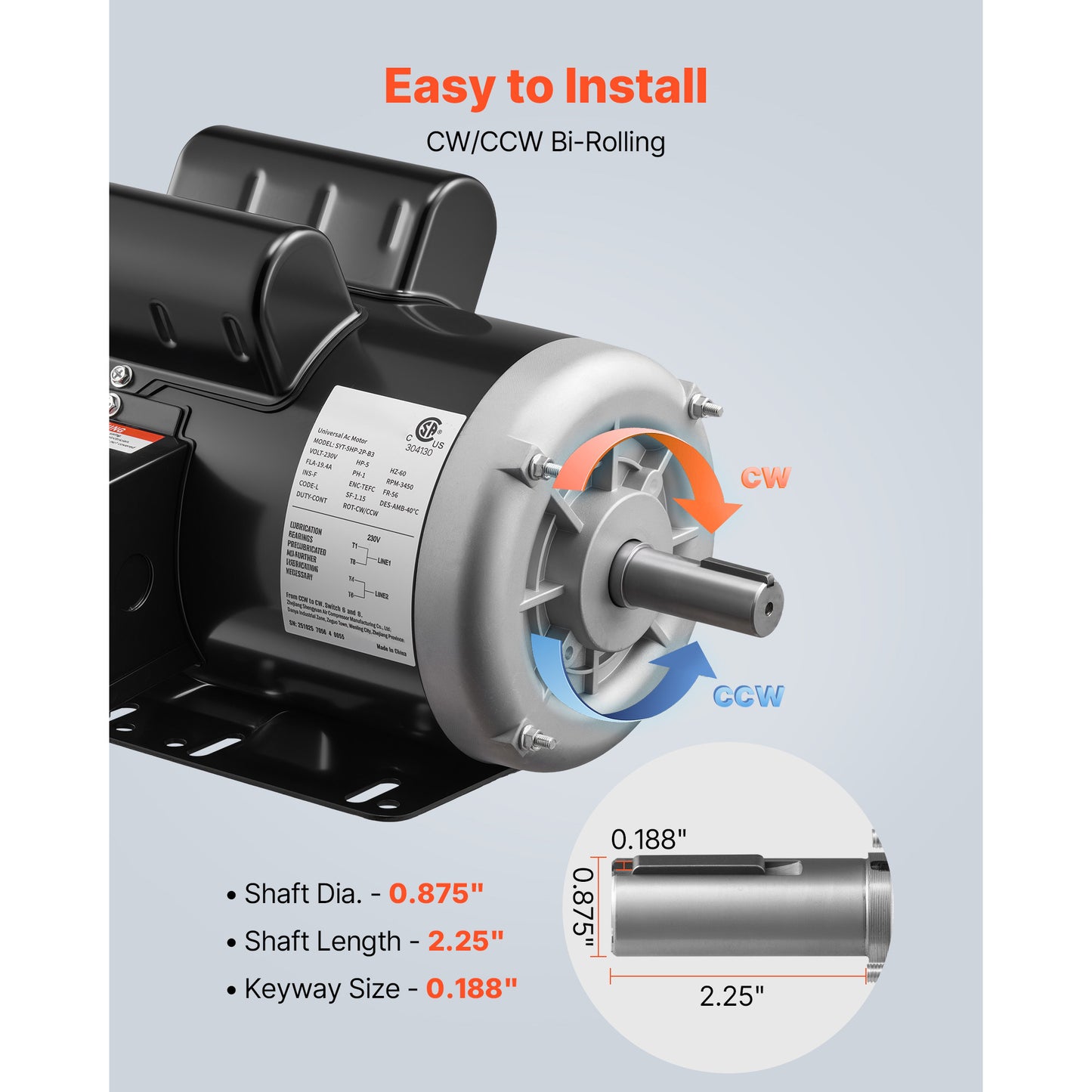 5 H P Electric Motor, 3450RPM Air Compressor Motor, CW CCW Rotation, 0.875 Inch Shaft Diameter, 2.25inch Shaft Length, 10.14N.m Torque, Single-Phase, 230V, TEFC Cooling