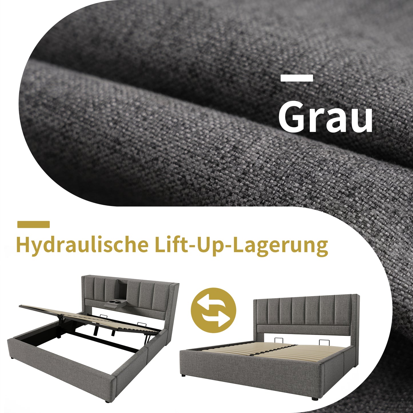 Upholstered Bed 140x190 Cm Double Bed With Hidden Cup Holder & Charging Station, Hydraulic Bed With Storage Space Under The Bed, Incl. Slatted Frame, Linen Grey Without Mattress