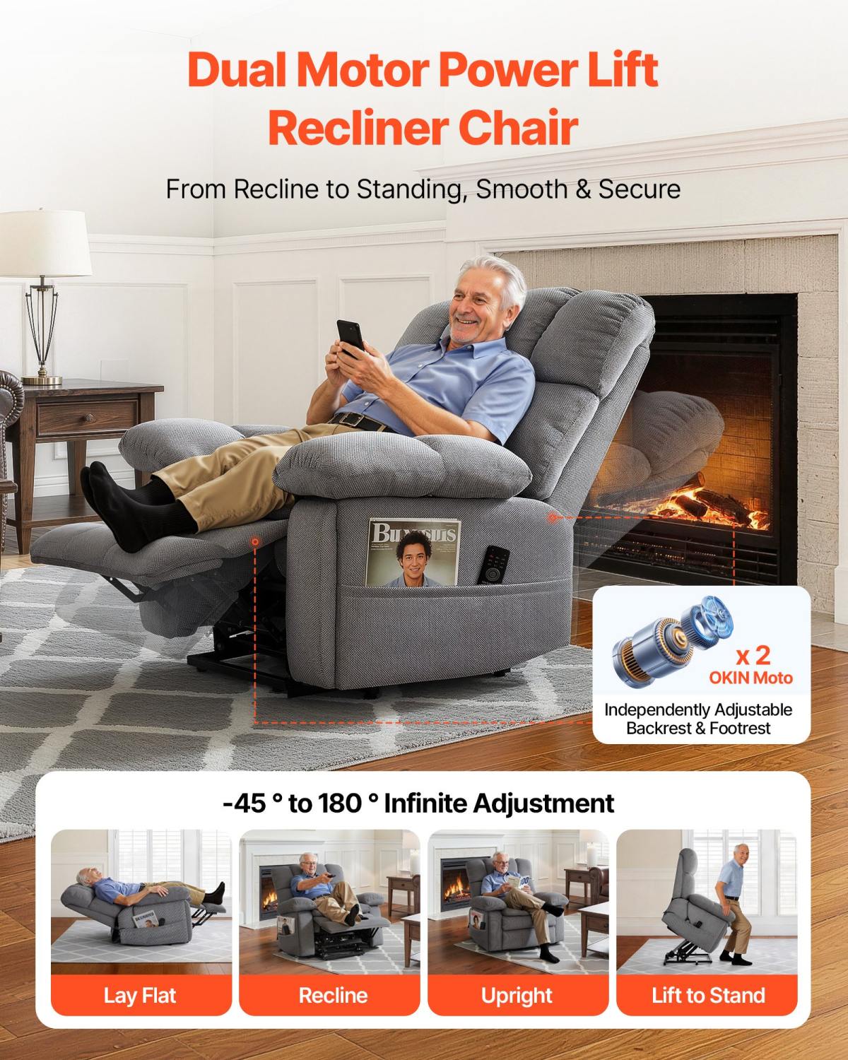 Power Lift Recliner Chair, Dual Motor, Oversized Electric Lift Chair With Heat And Massage For Elderly, Infinite Position Adjustment, Chenille Fabric, With Side Pockets, Cup Holders, Light Gray