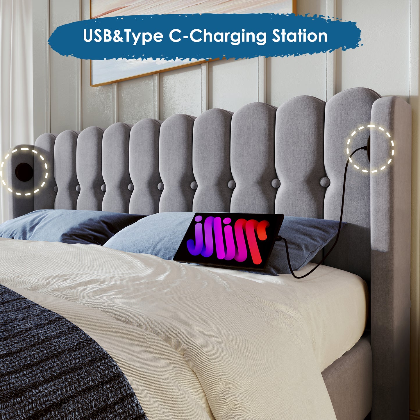 Upholstered Double Bed With USB And Type-C Charging, Bed Frame With Wooden Slatted Frame, Teenager Bed For Bedroom & Guest Room,4ft6 135 X 190 Cm Bed Frame, Grey, Linen Material