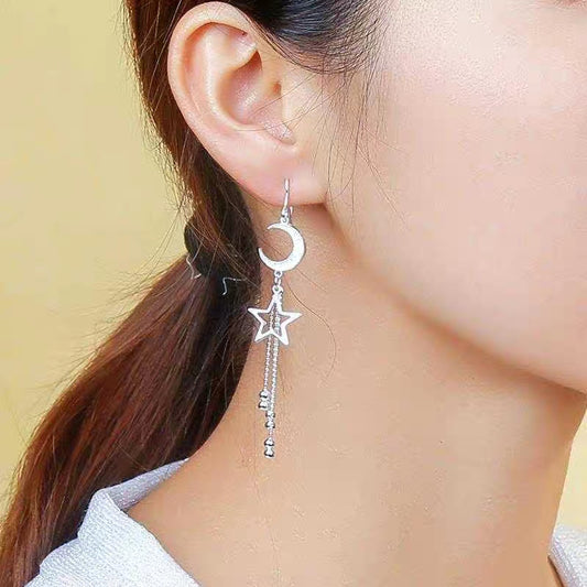 1 Pair 999 Sterling Silver Moon & Star Long Tassel Earrings, Shiny & Elegant, Perfect For Daily, Party & Dating, Ideal Valentine's Gift