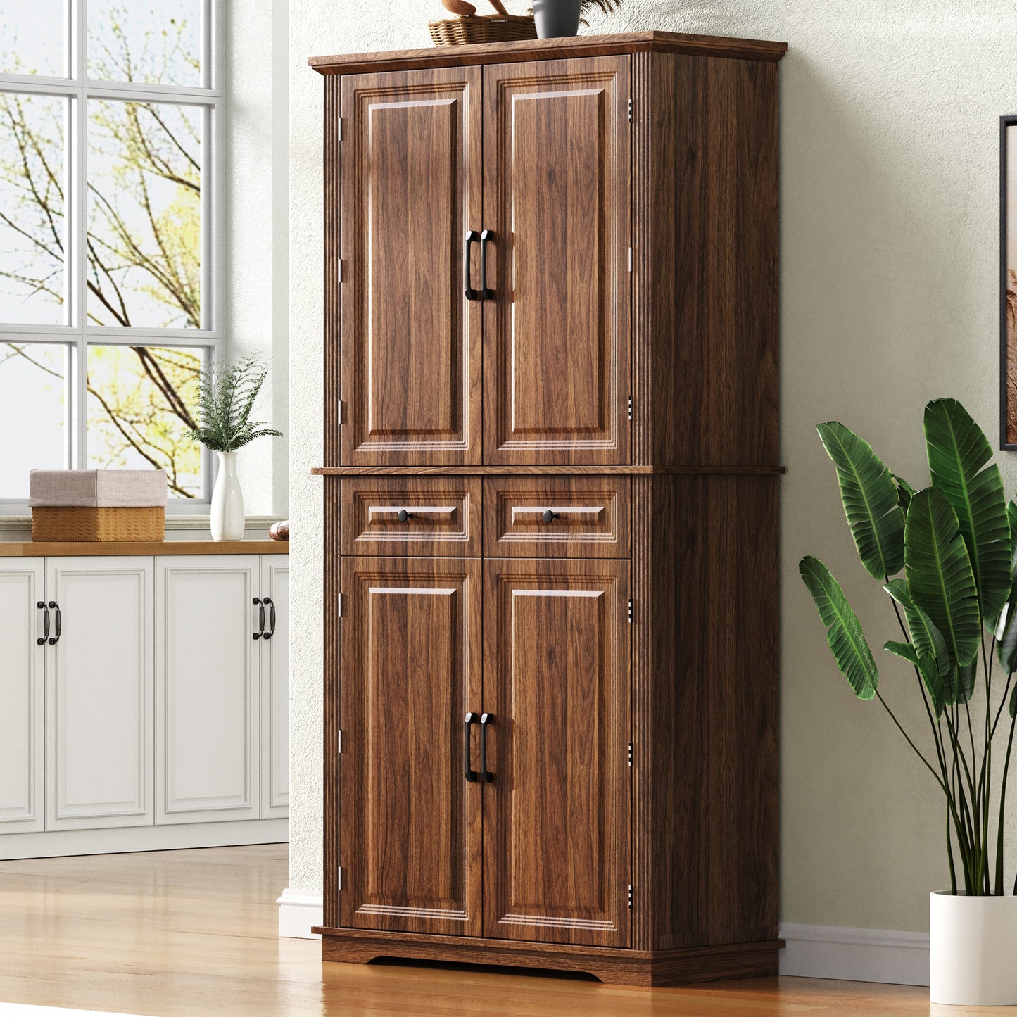 K&K 71   Tall Kitchen Pantry Cabinet With 3 Pull Out Cabinet Organizers, Farmhouse Embossed Texture Storage Cabinet With 6 Door Shelves, 2 Drawers, Freestanding Cupboard For Kitchen, Dining Room Brown