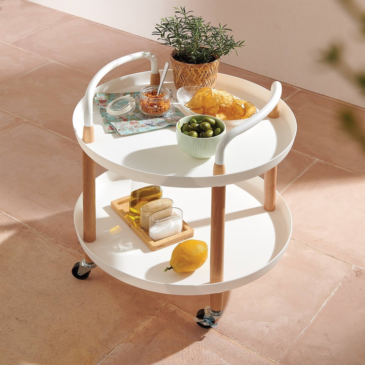 2-Tier Portable Trolley Lounge Dining Kitchen Bedside Balcony Castors Cart White