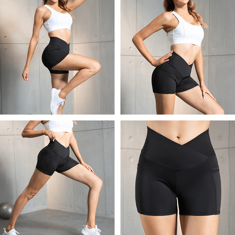 Cross-Border European High-Waisted High-Elastic Women's Tummy-Tightening Butt-Lifting Fitness Yoga Shorts Fitness Shorts Women's Outer Wear Three-Point