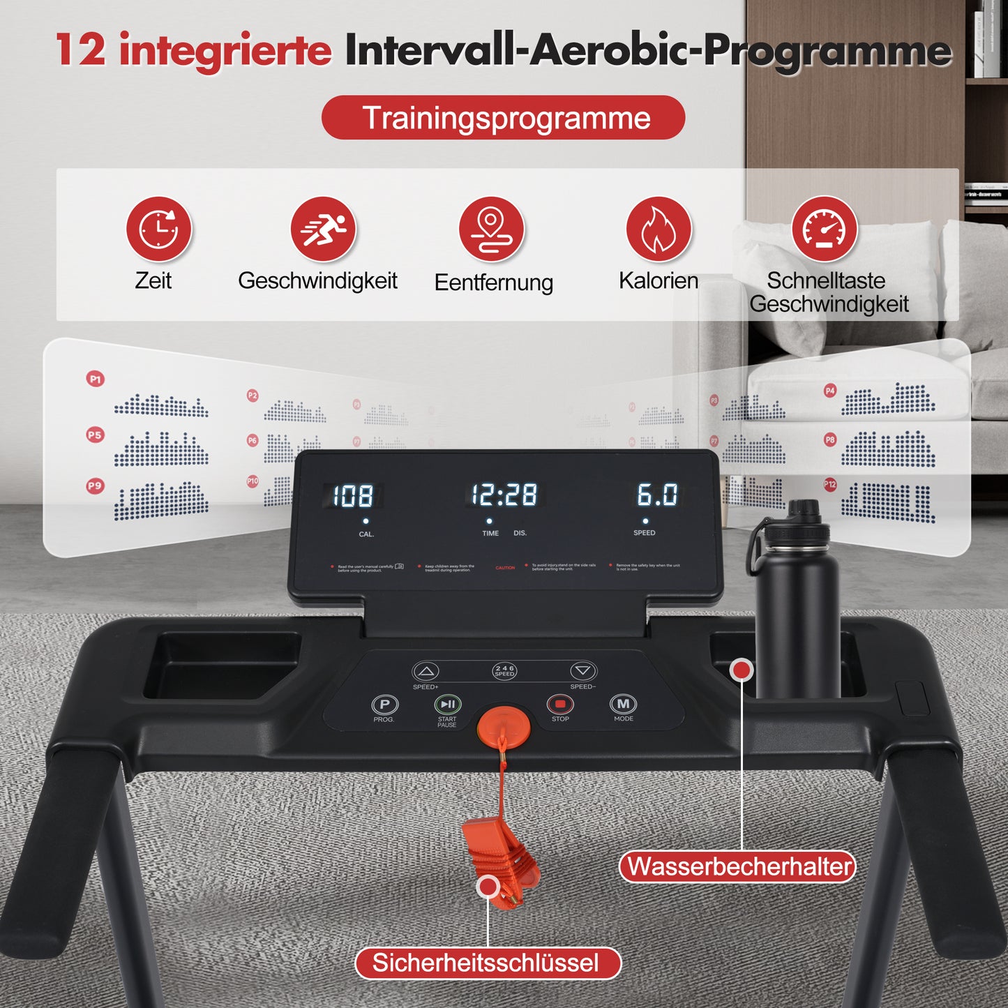 Treadmill With 8 Incline, Portable Treadmill For Home With Handle, Foldable Treadmill With 1-12 Km H And 120 Kg Load Capacity, 3.0 HP, 4 Adjustable Feet, Quick Button Speed