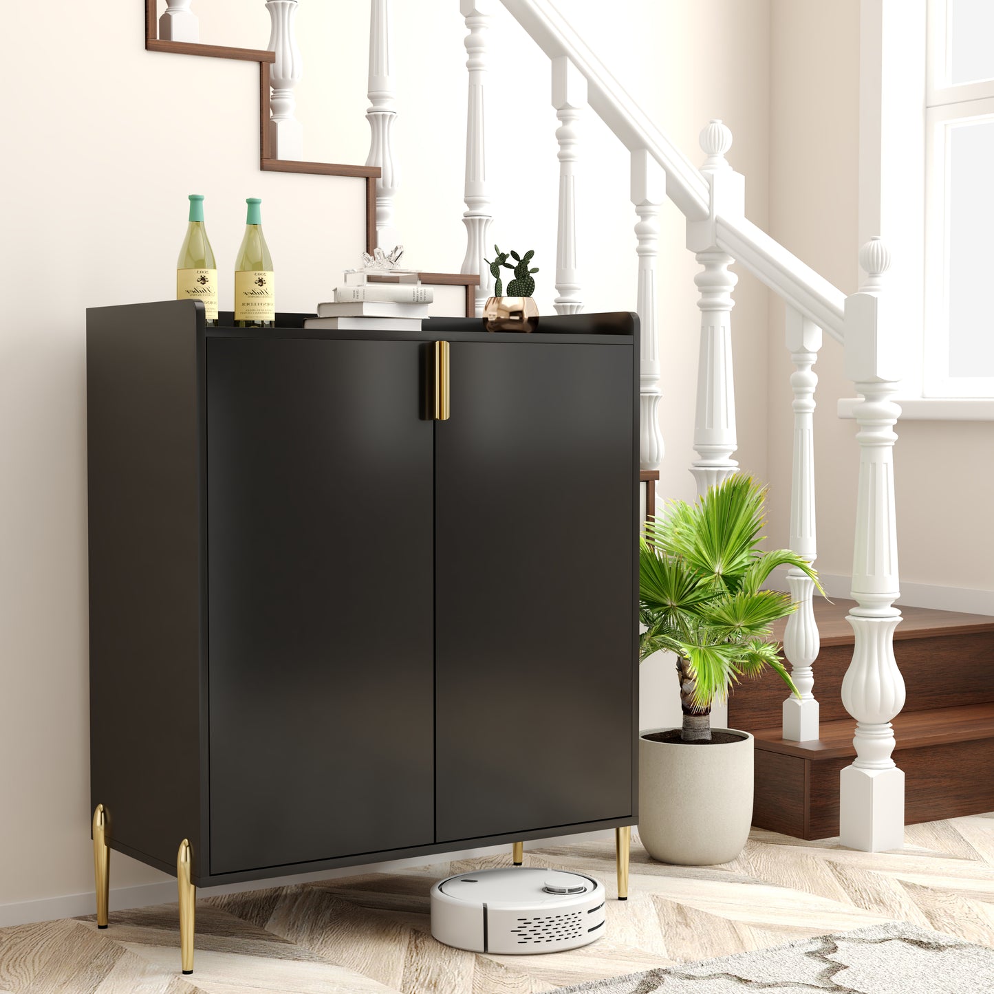 2 Doors Home Wine Bar Cabinet With Wine Rack & Adjustable Storage Shelf, Modern Sideboard With Soft-closing Hinge, Dinning Room Buffet Cabinet, Liquor Cabinet Kitchen, Living Room Coffee Cart BLACK