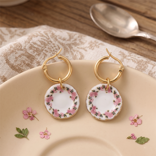 Cottagecore Miniature Ceramic Plate Earrings - 18K Gold Plated Stainless Steel Hoop Earrings - Vintage Pink Floral Wreath Porcelain Jewelry Gift
