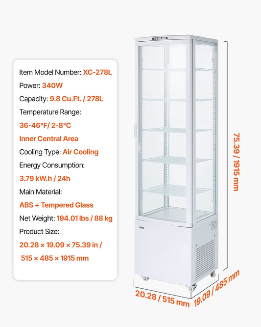 Refrigerated Display Case, 9.8 Cu.Ft./278L Large Pastry Display Case, 5-Tier Commercial Cake Refrigerator With LED Lighting, TURBO Cooling, Frost-Free Air-Cooling, For Bakery, Dessert Shop
