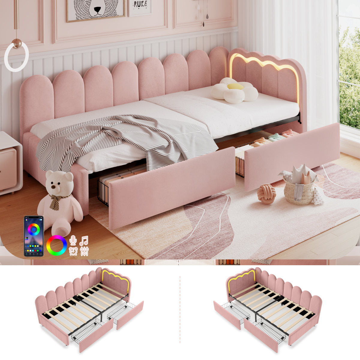 3ft Single Daybed With Smart RGB LED Lights And 2 Storage Drawers, Modern Velvet Youth Bed With Scalloped Backrest And Wooden Slats, Reversible Side Panel, Easy Assembly, Pink  No Mattress