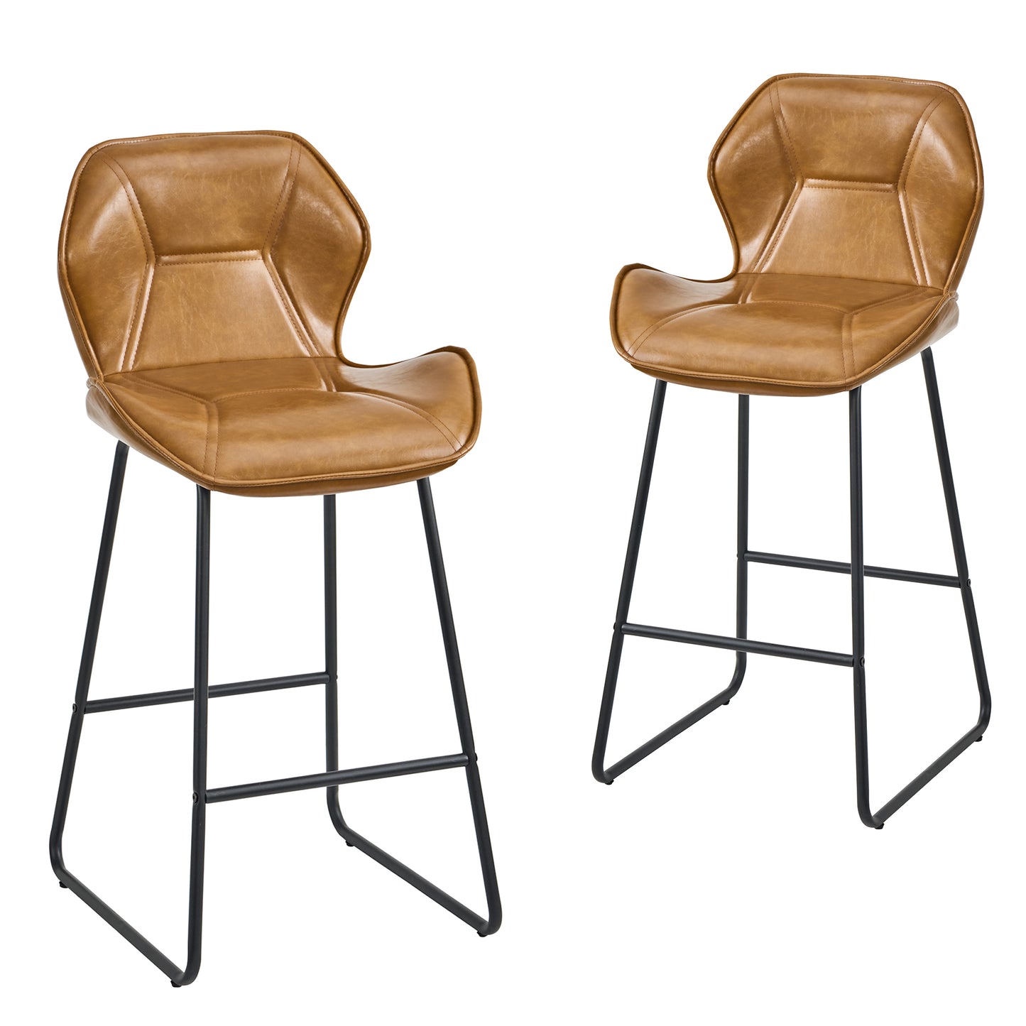 Set Of 2 Bar Stools Made Of Imitation Leather, Modern Bar Stools With Backrest, Metal Frame And Footrest, For Kitchen, Counter, Home Bar And Dining Area, Cognac Brown