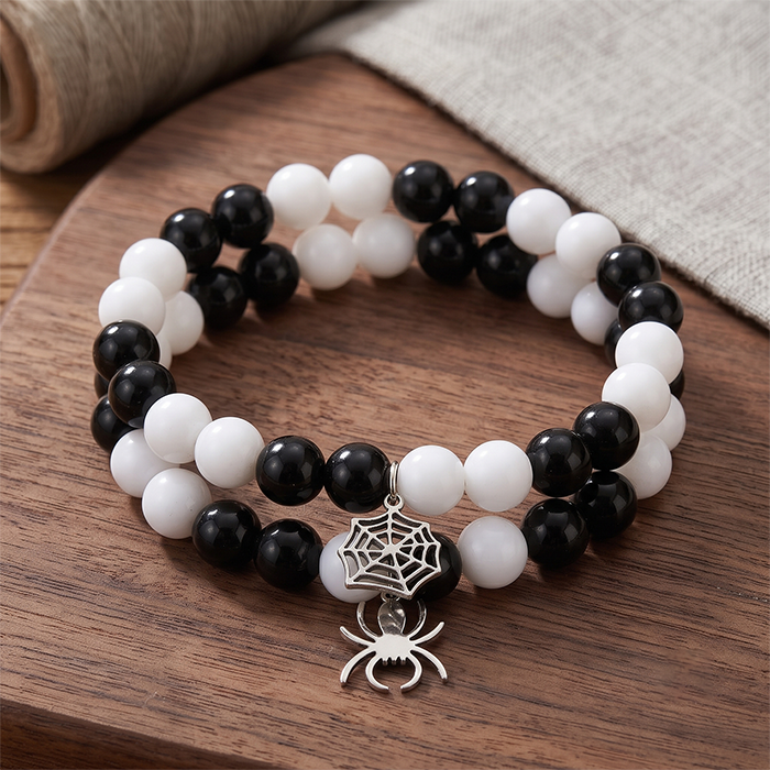 Spider Web Couple Bracelet Set, Black White Round Beaded Wrist Band, Stainless Steel Spider Web Charm Pair Jewelry, Gothic Halloween Daily Fashion Accessory Gift