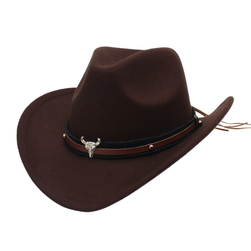 Retro American Western Cowboy Hat - Silver Bull Head Wide Brim Felt Hat  Knitted Headband, Suitable For Outdoor Riding, Traveling And Photography