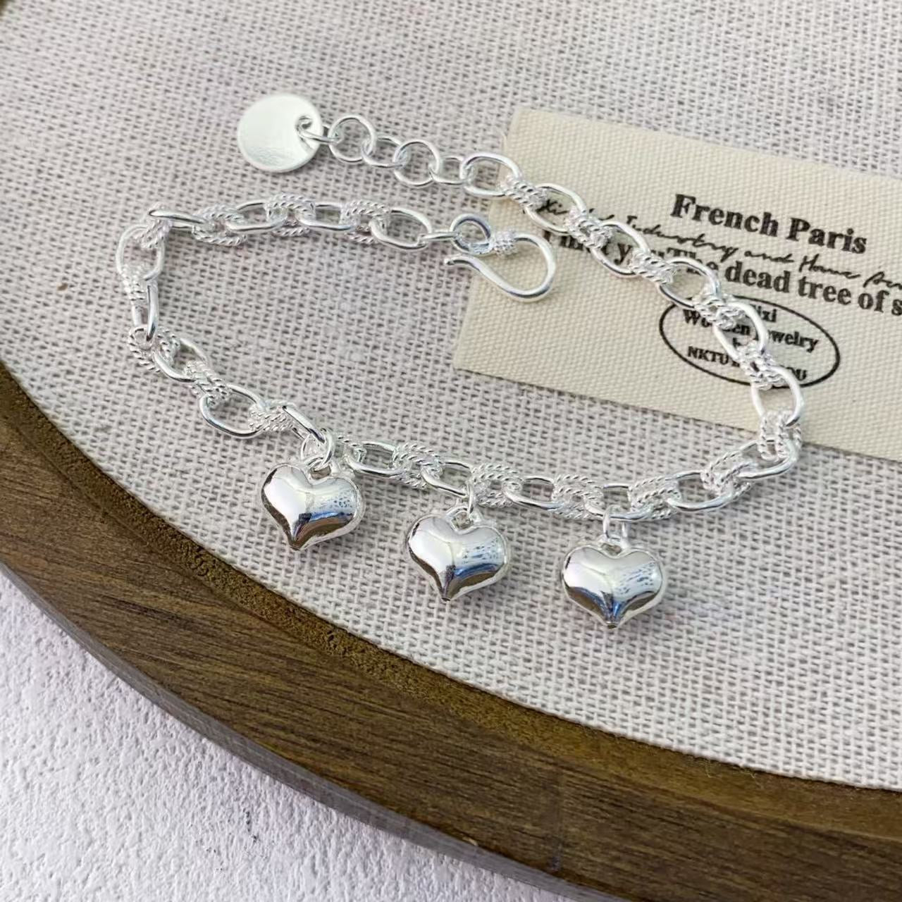 1pcs 999 Sterling Silver Puffy Heart Charm Bracelet, Elegant Trendy Style, Ideal For Birthday & Valentine's Gifts