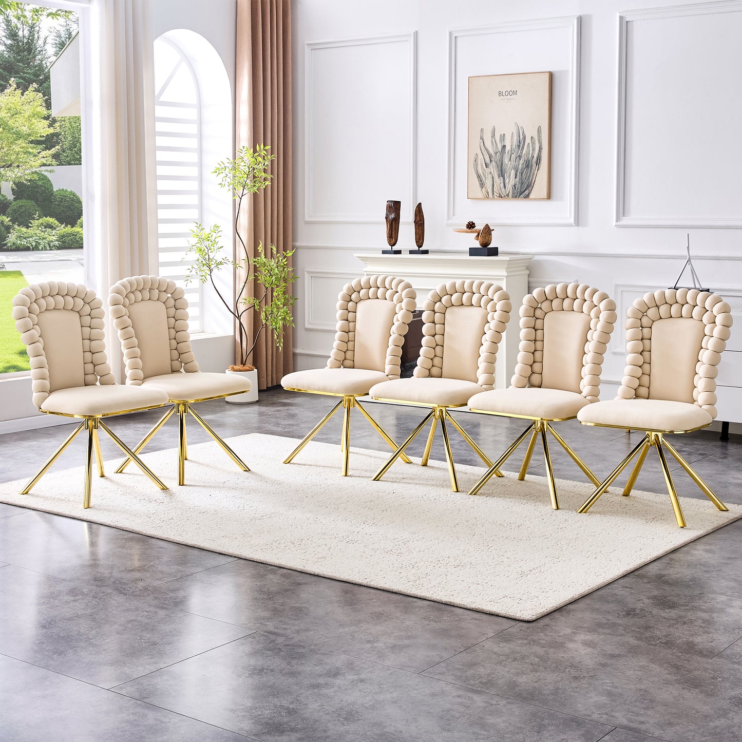 Set Of 2 Beige Puffy Bubble Chair Ball Chain Chair Velvet Dining Chairs With Gold Legs, Modern Upholstered Accent Chairs For Dining Room & Kitchen