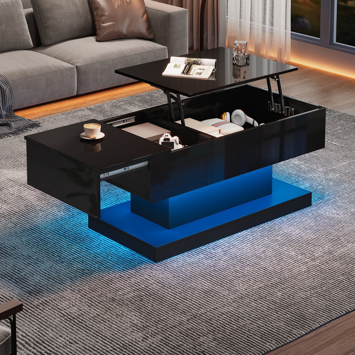 High Gloss Lift Tea Table LED Coffee Tables Coffee Table 100x50x45 Cm With LED Lighting -Semi-Liftable Table Top And Sideways Sliding Design, Hydraulic Lift And Storage