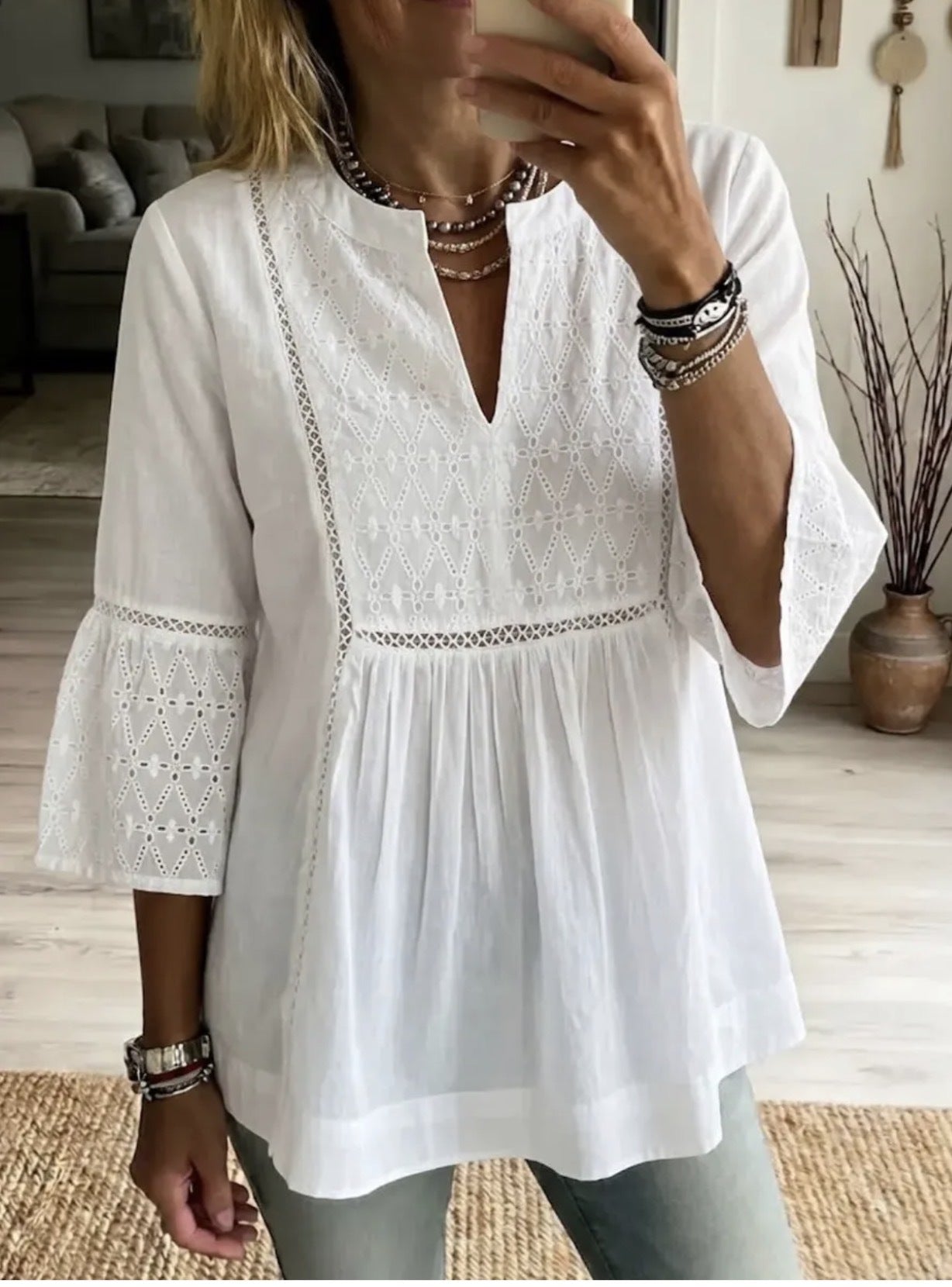 New V-neck Slit-panel Embroidered Three-quarter-sleeve Blouse