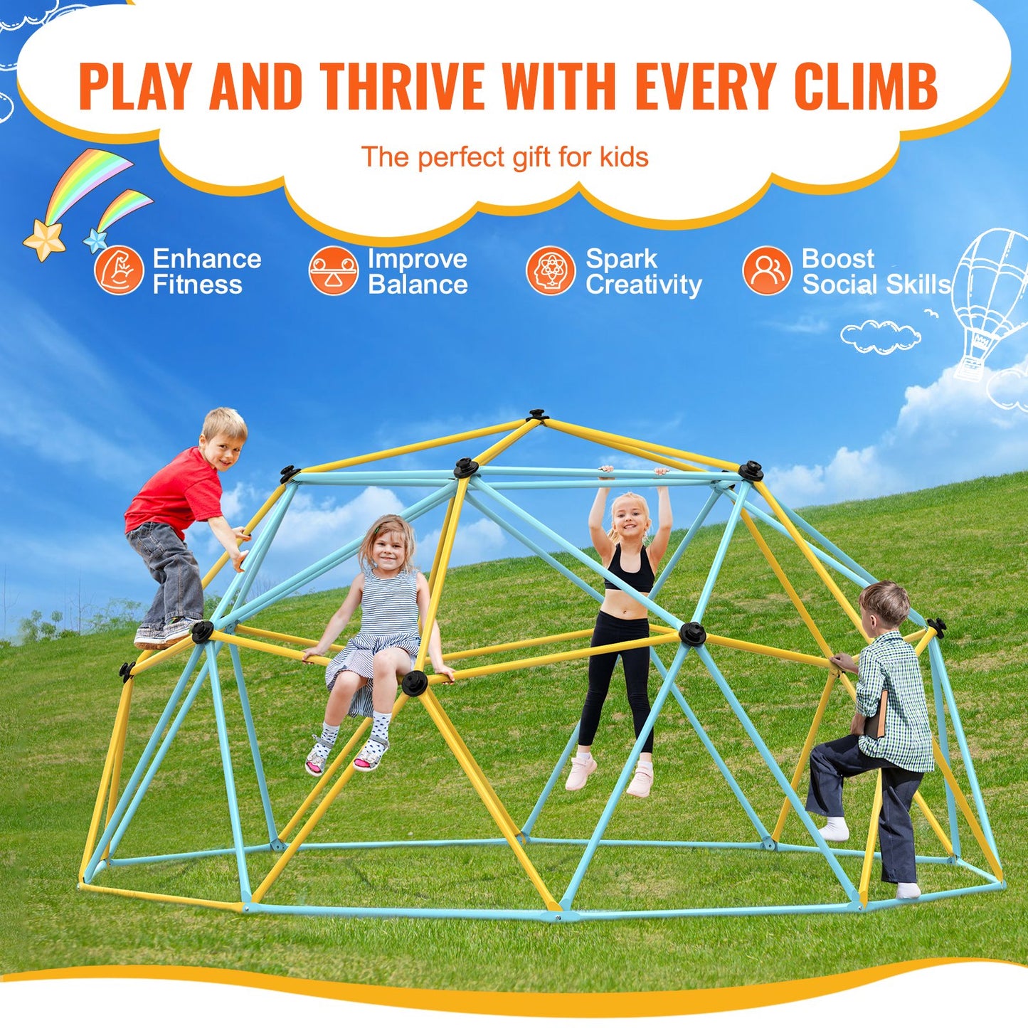 Climbing Dome, 12FT Geometric Dome Climber Play Center For Kids 3 To 10 Years Old, Jungle Gym Supports 750LBS And Easy Assembly, With Climbing Grip, Outdoor Backyard Play Equipment For Kids