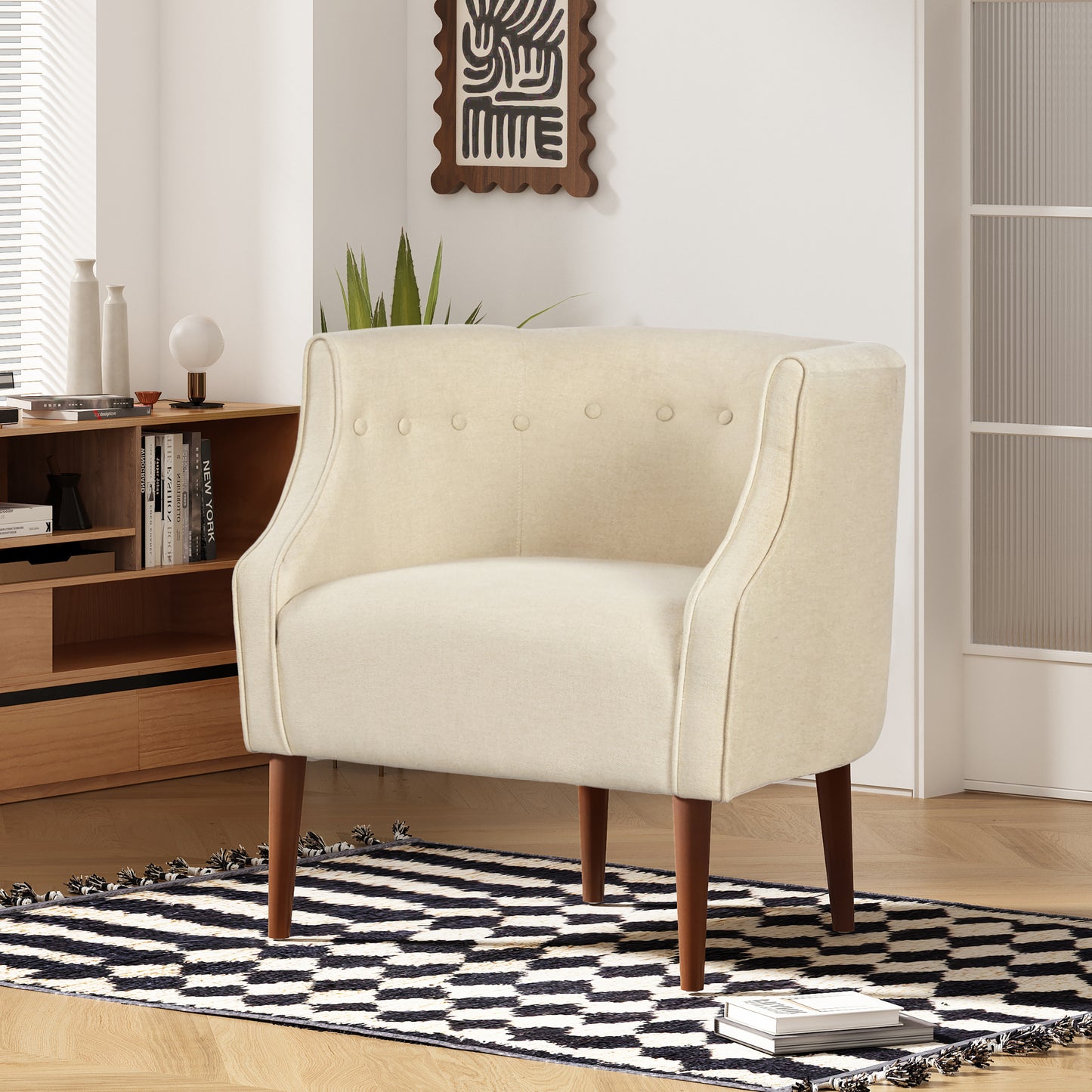 Modern Club Chair With Button-Tufted Back & Tonal Piping -Contemporary Upholstered Tub Chair With Sturdy Birch Wood Legs, Mid-Century Accent Chair For Living Room, Bedroom, Or Office