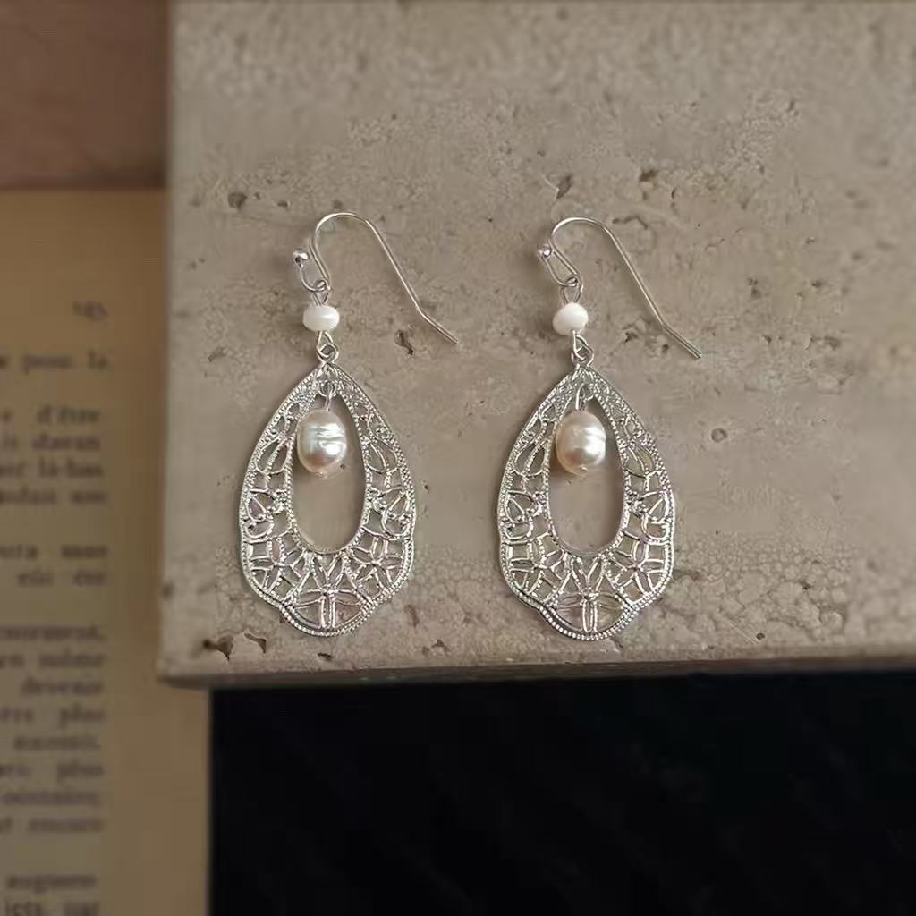 1 Pair 999 Sterling Silver Hollow Teardrop Natural Pearl Earrings, Retro French Style, Perfect For Daily Wear & Valentine's Gifts