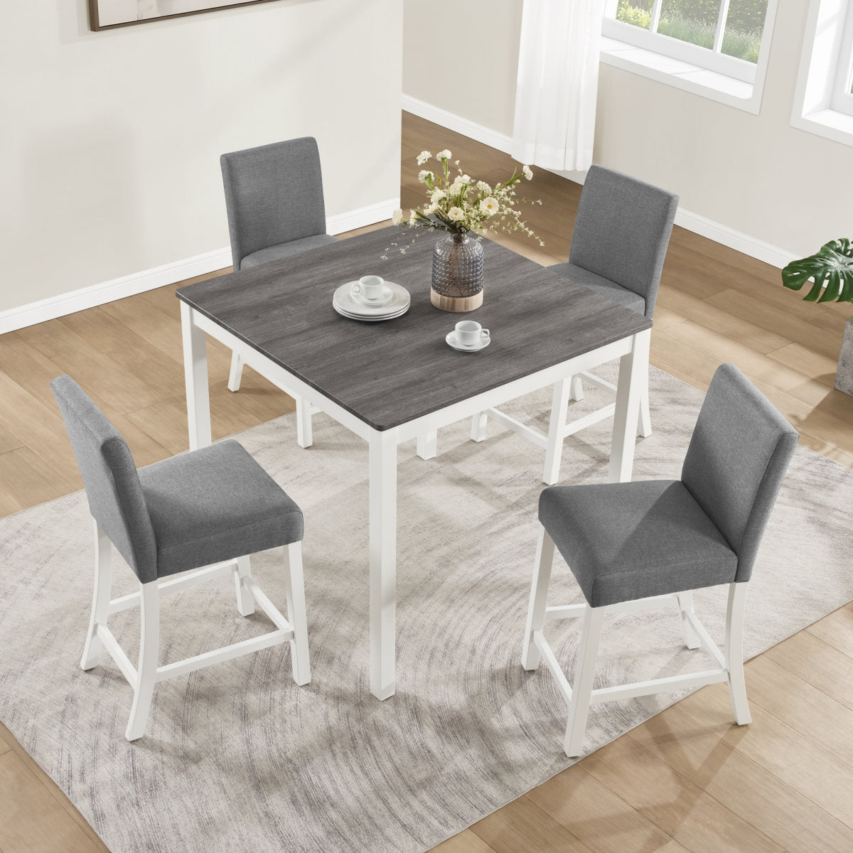5-Piece Counter Height Table Set with 4 Chairs, Counter Height Table Set for 4 with Chairs, Wooden Counter Height  Table Set for Kitchen, Dining Room, Grey & White Two Tone