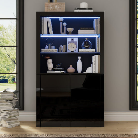 1 00x35x170cm Cabinet,Display Cabinet High Gloss Storage Cabinet With LED Lighting,2Glass Floor,2 Cabinets,Highboard, Living Room Cabinet, Storage Cabinet, Tall Cabinet, Sofa Cabinet,Black