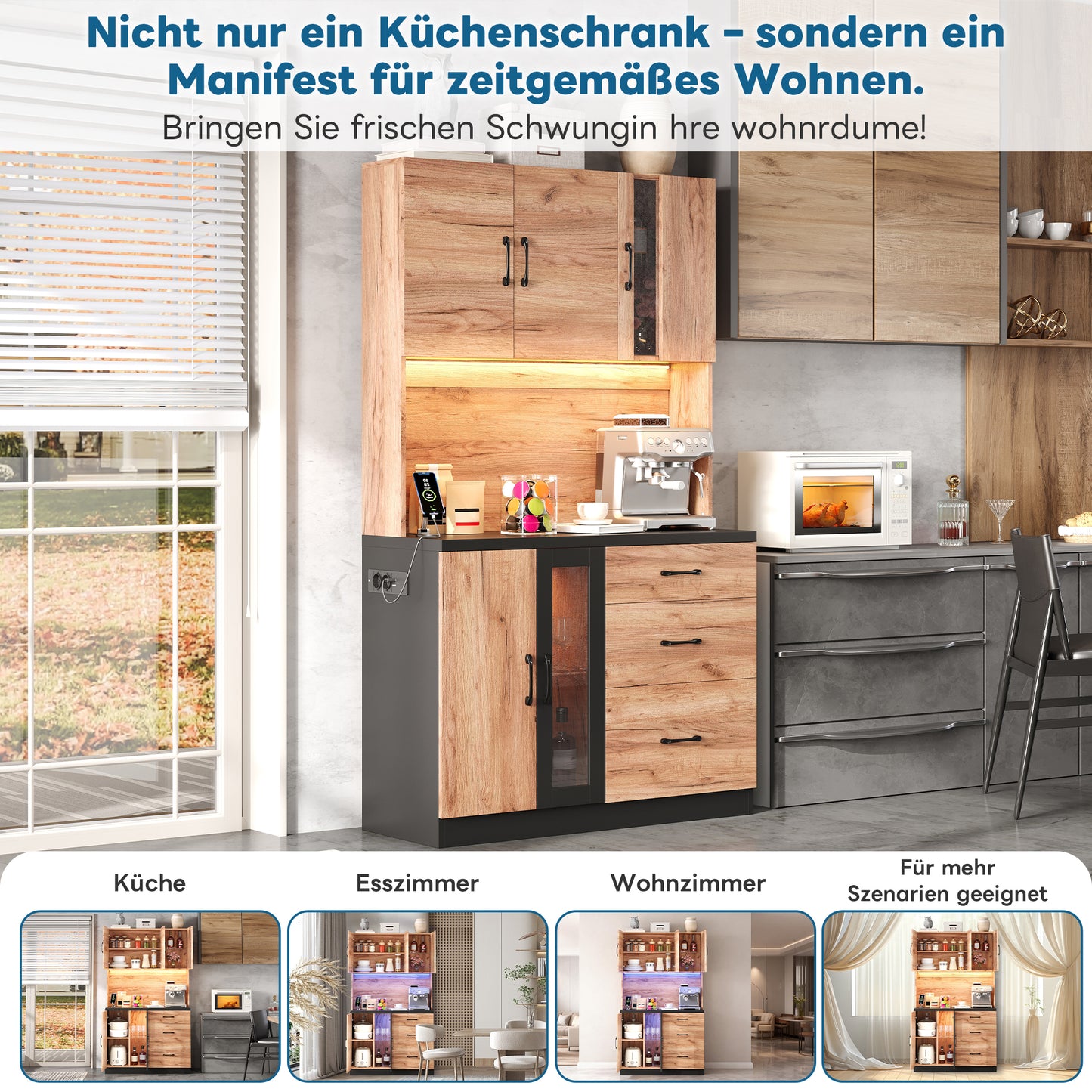 105 X40 X180 Cm Modern Kitchen Tall Cabinet, Black And Wood Look With LED Lighting, Adjustable Shelves And Euro-style Socket, Suitable For Kitchens, Dining Rooms, Living Rooms, Etc.