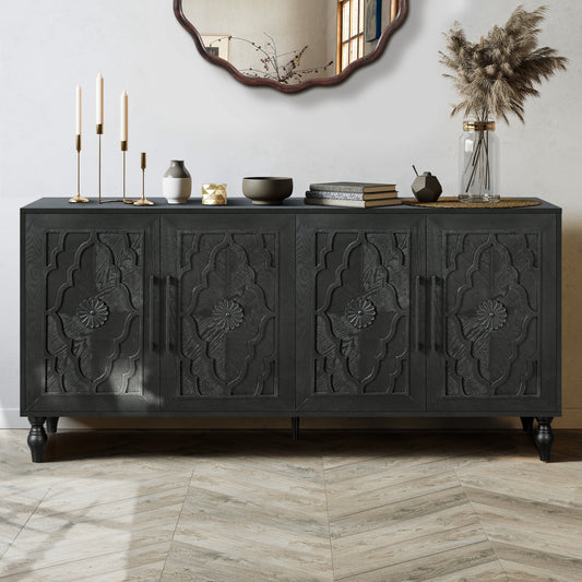 Carved Flower Door Large Storage Cabinet With Metal Handle Suitable For Living Room, Kitchen, Entryway BLACK