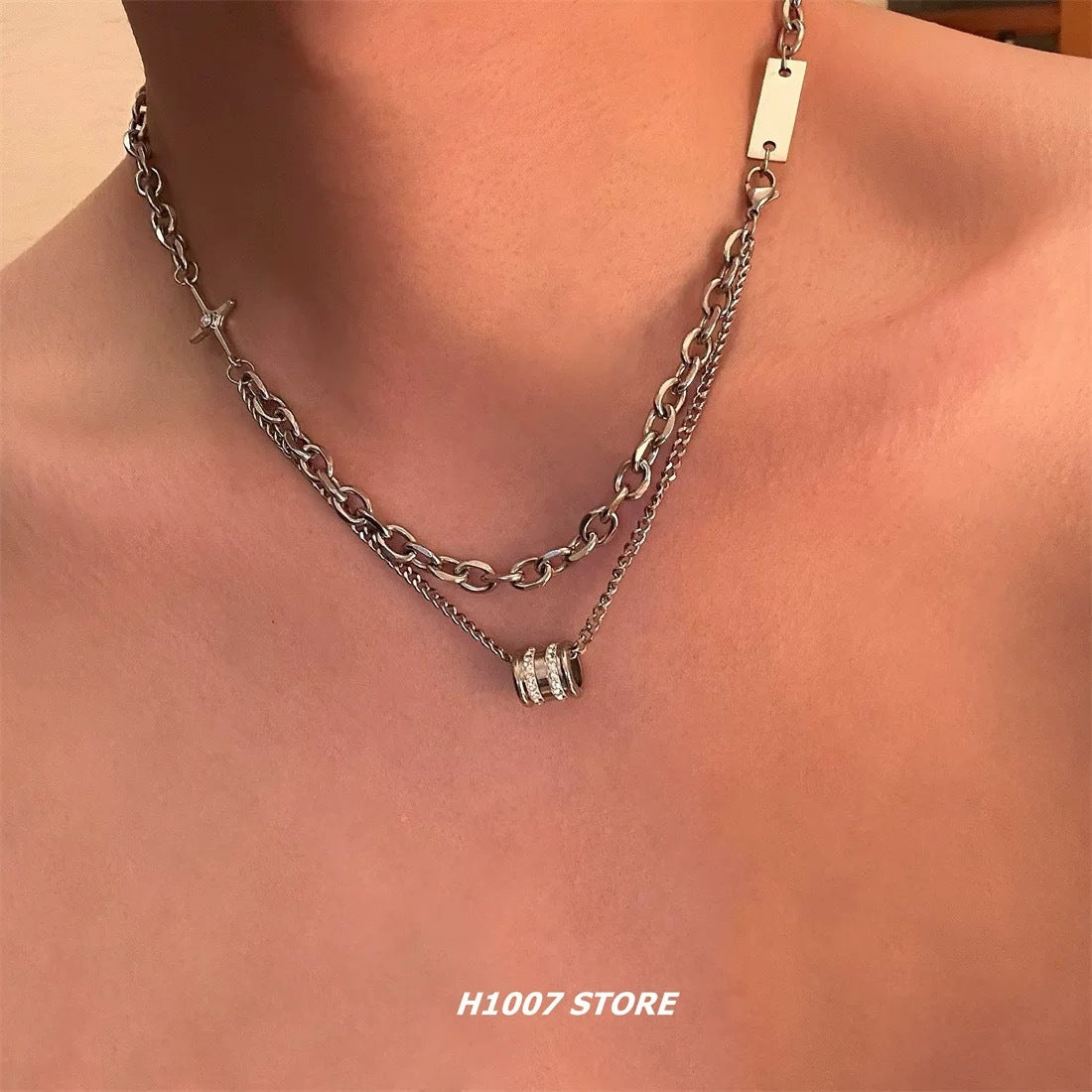 New Double-Layer Stacked Diamond-Encrusted Transfer Beads Titanium Steel Necklace Men's Hip-Hop Trendy Cool High-End Clavicle Chain Versatile Accessories